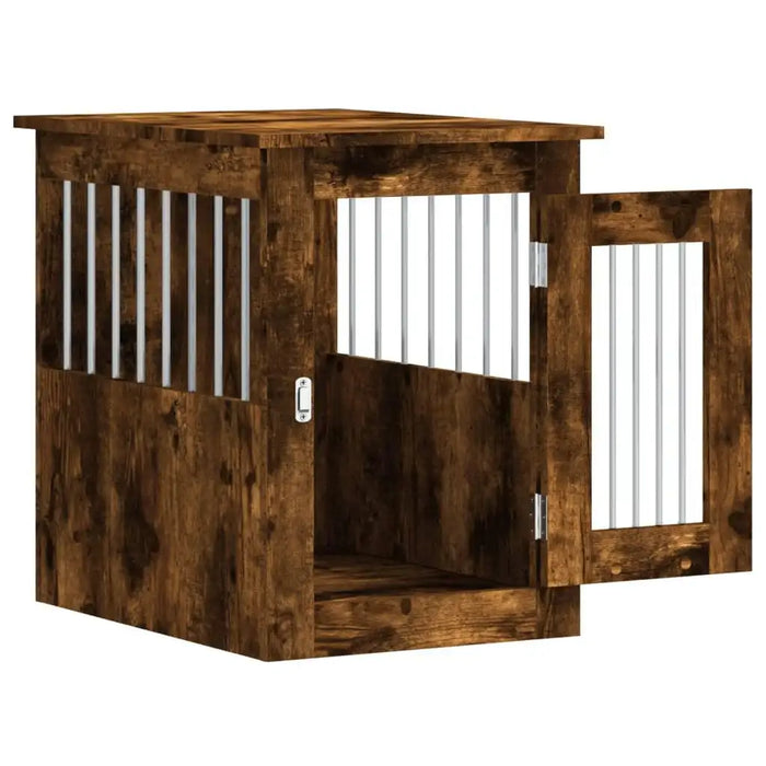Smoked oak dog crate furniture with lockable door and metal bars, side table design