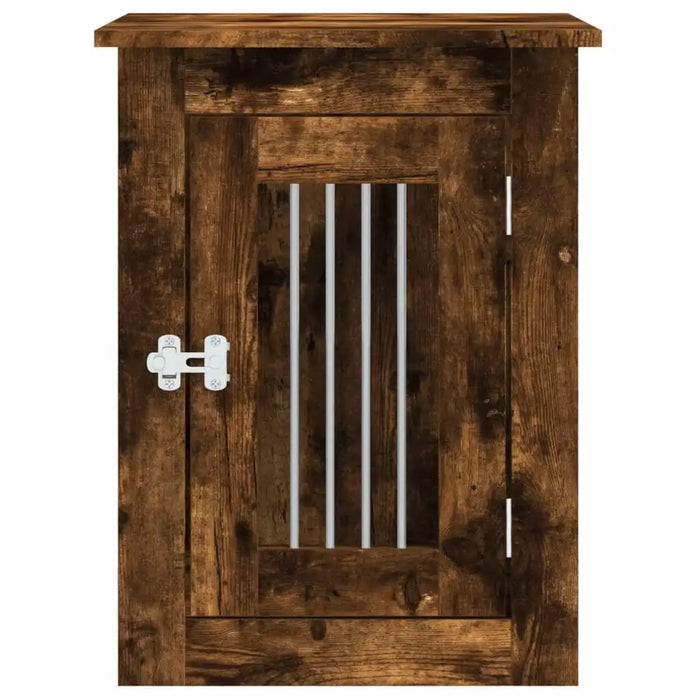 Smoked oak dog crate furniture with lockable door, metal bars, and wood side table design