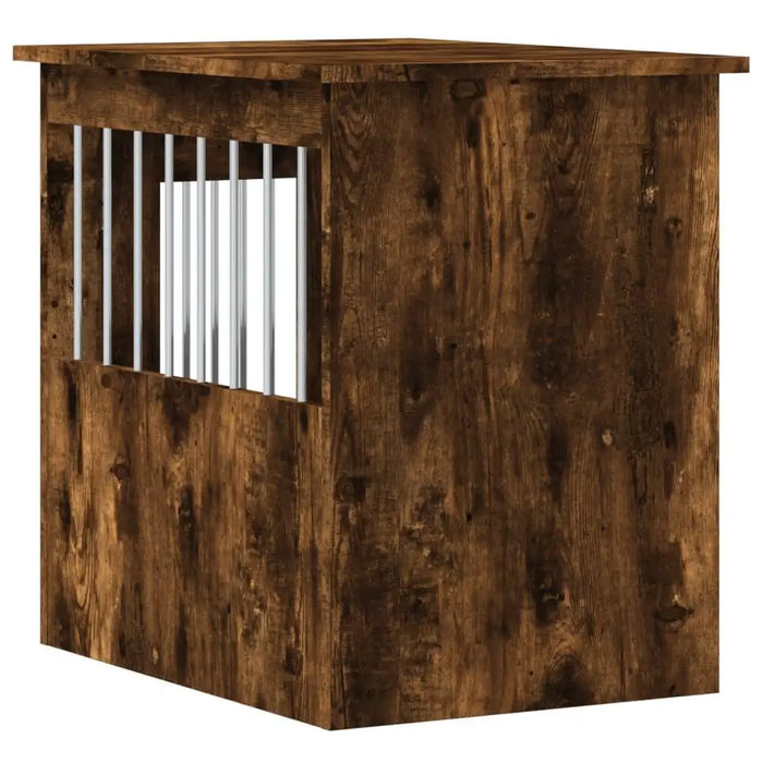 Smoked oak dog crate furniture wooden pet cage with metal bars, end table design
