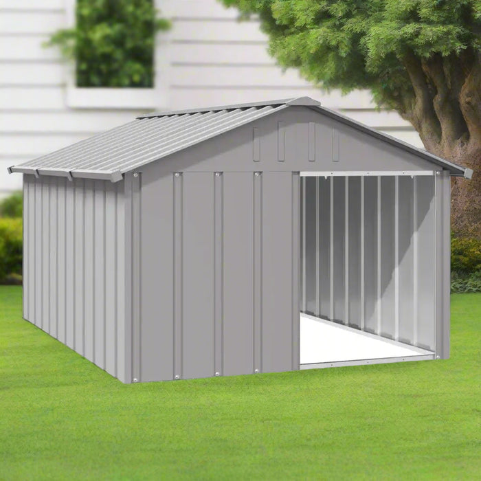 Anthracite galvanized steel outdoor dog kennel on green lawn near tree