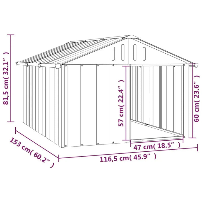 Line drawing of anthracite galvanized steel dog house outdoor kennel with listed dimensions.