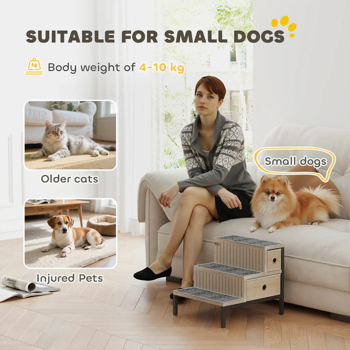 Dog Stairs with Storage – Oak Tone | 3-Step Pet Ladder - Drawers and Washable Anti-Slip Mats PAWHUT - Little and Giant Explorers PawHut