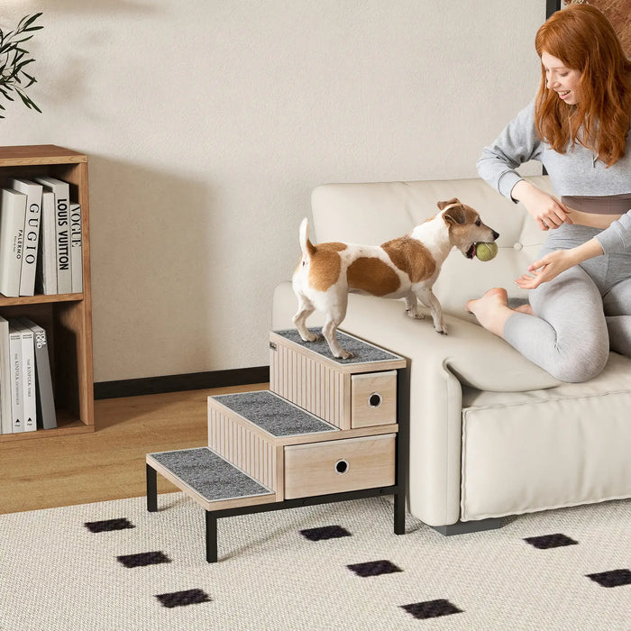 Dog Stairs with Storage – Oak Tone | 3-Step Pet Ladder - Drawers and Washable Anti-Slip Mats PAWHUT - Little and Giant Explorers PawHut