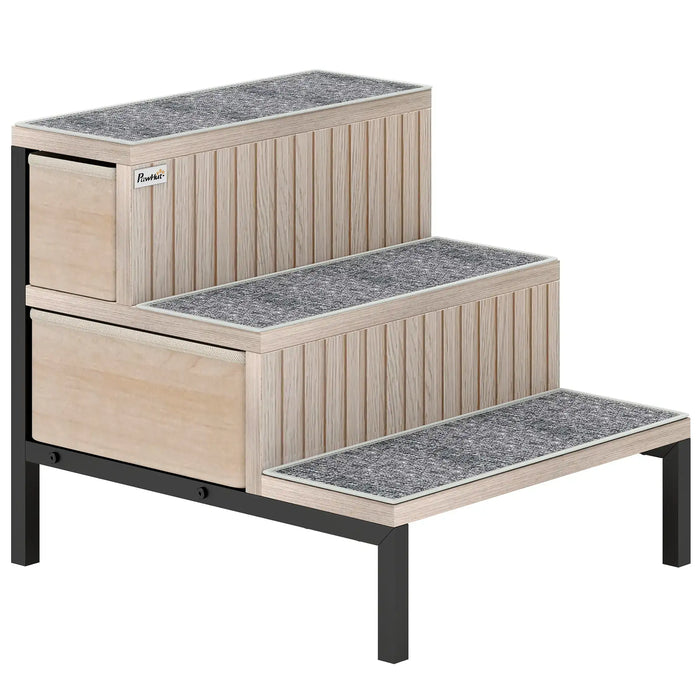 Dog Stairs with Storage – Oak Tone | 3-Step Pet Ladder - Drawers and Washable Anti-Slip Mats PAWHUT - Little and Giant Explorers PawHut