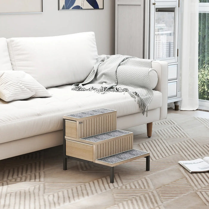 Dog Stairs with Storage – Oak Tone | 3-Step Pet Ladder - Drawers and Washable Anti-Slip Mats PAWHUT - Little and Giant Explorers PawHut