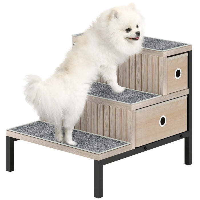 Dog Stairs with Storage – Oak Tone | 3-Step Pet Ladder - Drawers and Washable Anti-Slip Mats PAWHUT - Little and Giant Explorers PawHut