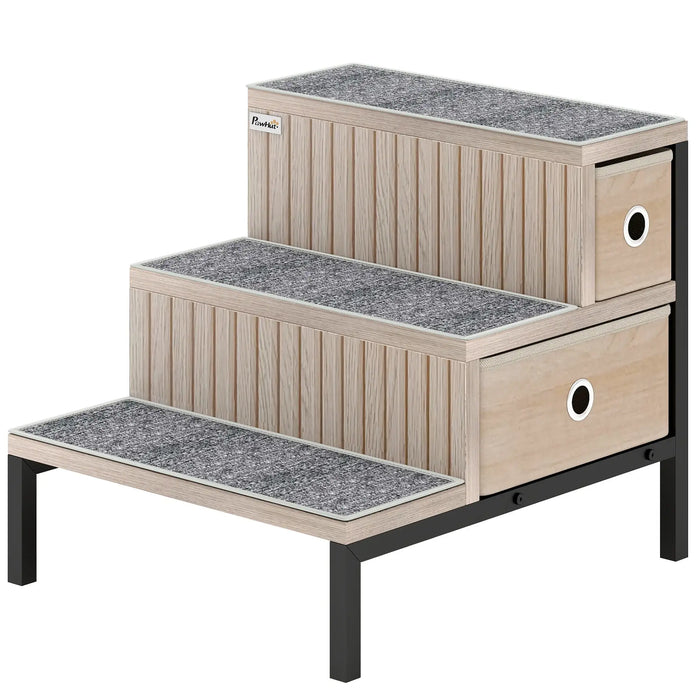 Dog Stairs with Storage – Oak Tone | 3-Step Pet Ladder - Drawers and Washable Anti-Slip Mats PAWHUT - Little and Giant Explorers PawHut