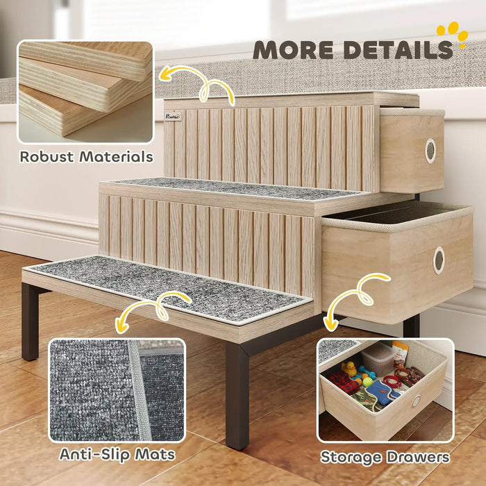 Dog Stairs with Storage – Oak Tone | 3-Step Pet Ladder - Drawers and Washable Anti-Slip Mats PAWHUT - Little and Giant Explorers PawHut