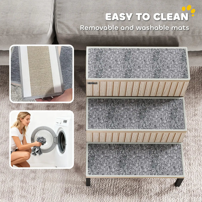 Dog Stairs with Storage – Oak Tone | 3-Step Pet Ladder - Drawers and Washable Anti-Slip Mats PAWHUT - Little and Giant Explorers PawHut