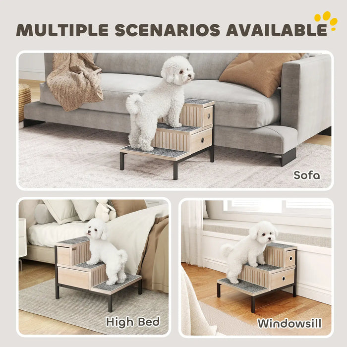 Dog Stairs with Storage – Oak Tone | 3-Step Pet Ladder - Drawers and Washable Anti-Slip Mats PAWHUT - Little and Giant Explorers PawHut