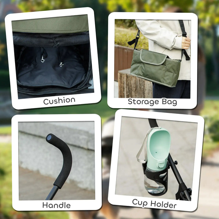 Umbrella Structure Dog Pram with Storage Bag and Cup Holder in Green - Little and Giant Explorers PawHut