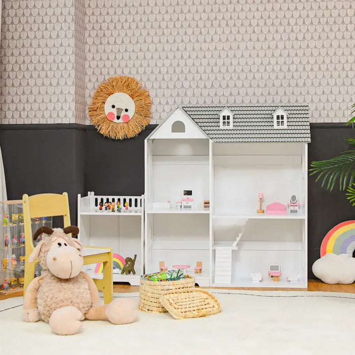 Dollhouse Bookshelf | 5 Compartments with Bonus Balcony Storage - Little and Giant Explorers Costway