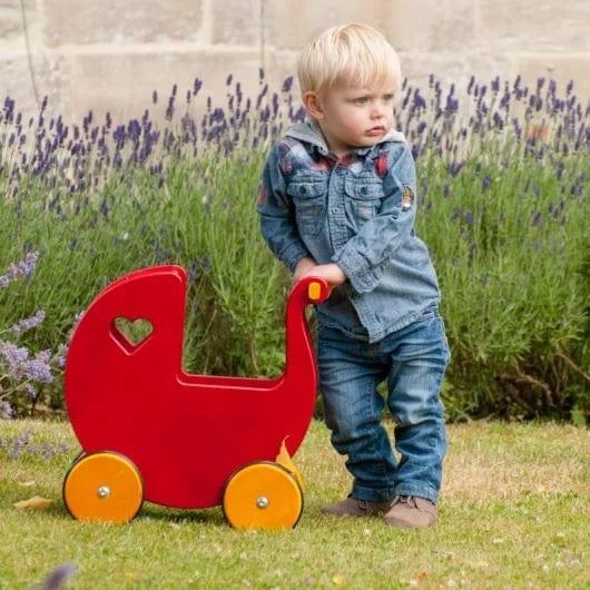 Dolls Pram in Red and Birch Veneer - Little and Giant Explorers Moover