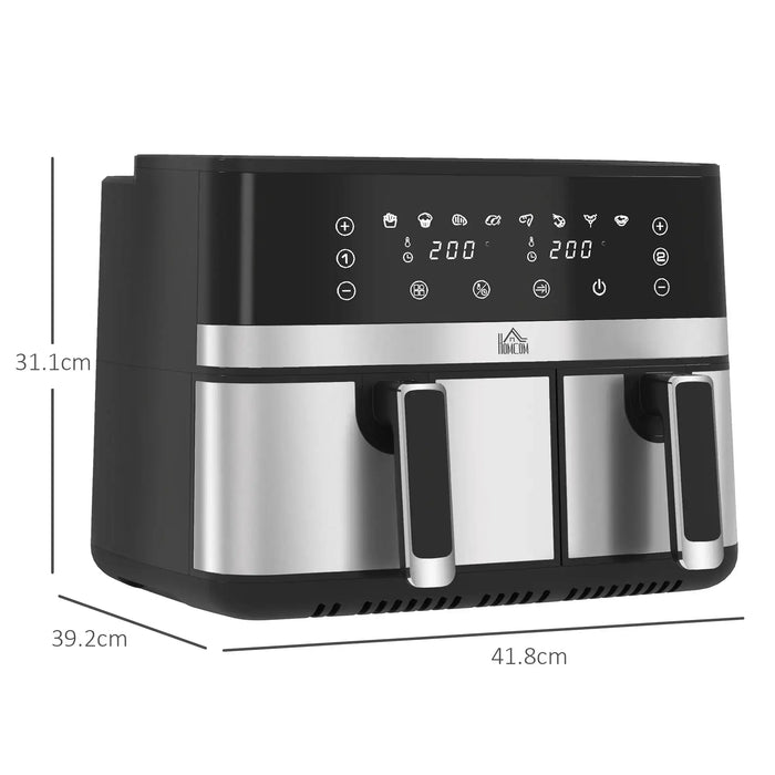 Black and silver air fryer with digital display and dimensions on a white background
