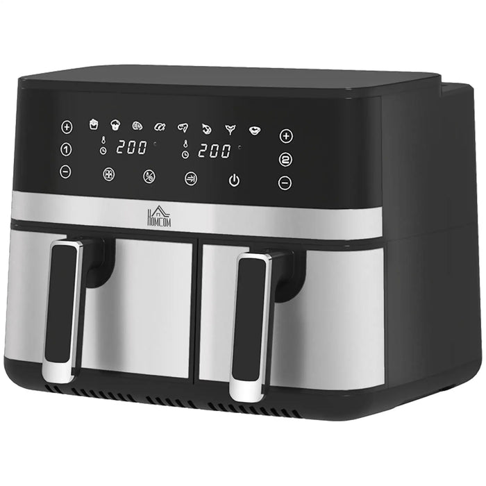 Black and silver air fryer with digital display on a white background