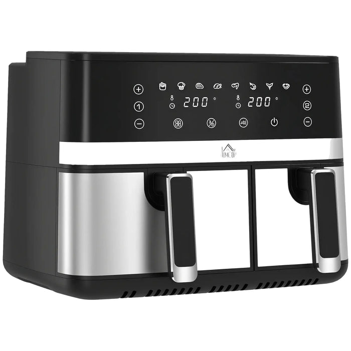 Black and silver air fryer with digital display on a white background