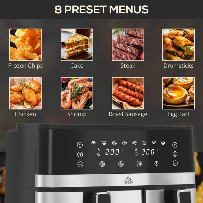 Air fryer with 8 preset menu options displayed above it on a dark background.