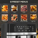 Air fryer with 8 preset menu options displayed above it on a dark background.