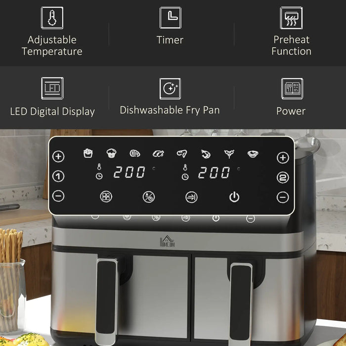 Digital display of an air fryer with various features highlighted.