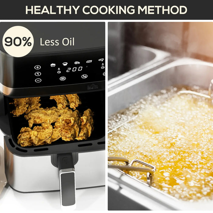Air fryer with food and a deep fryer with oil, highlighting a healthy cooking method.