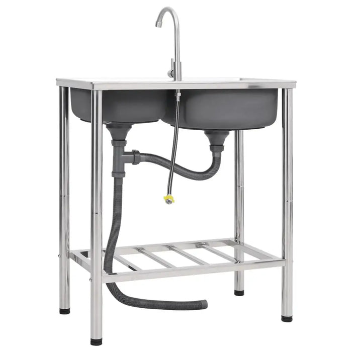 Double Camping Sink – Stainless Steel Outdoor Sink | Twin Basins, Drainer and Tap VIDAXL - Little and Giant Explorers vidaXL