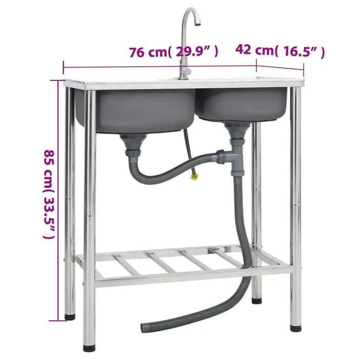 Double Camping Sink – Stainless Steel Outdoor Sink | Twin Basins, Drainer and Tap VIDAXL - Little and Giant Explorers vidaXL