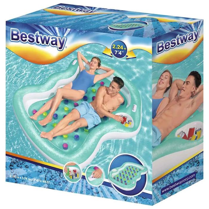 Bestway double designer inflatable lounge box with two adults relaxing in pool lounger float