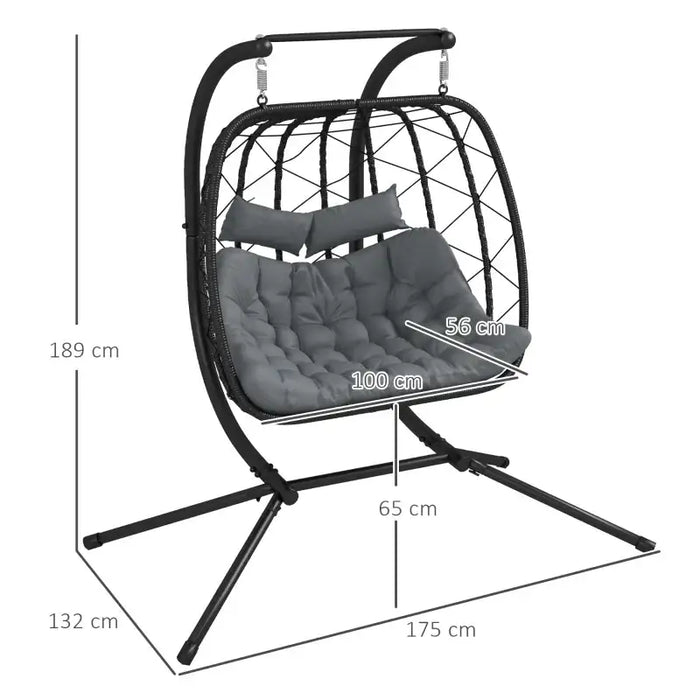 Double Egg Chair – Black and Dark Grey | 2-Seater Hanging-Style Rattan Seat OUTSUNNY - Little and Giant Explorers Outsunny
