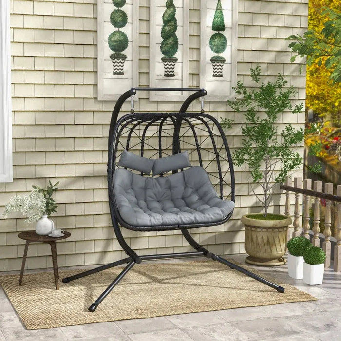 Double Egg Chair – Black and Dark Grey | 2-Seater Hanging-Style Rattan Seat OUTSUNNY - Little and Giant Explorers Outsunny