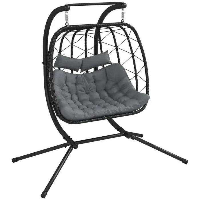 Double Egg Chair – Black and Dark Grey | 2-Seater Hanging-Style Rattan Seat OUTSUNNY - Little and Giant Explorers Outsunny