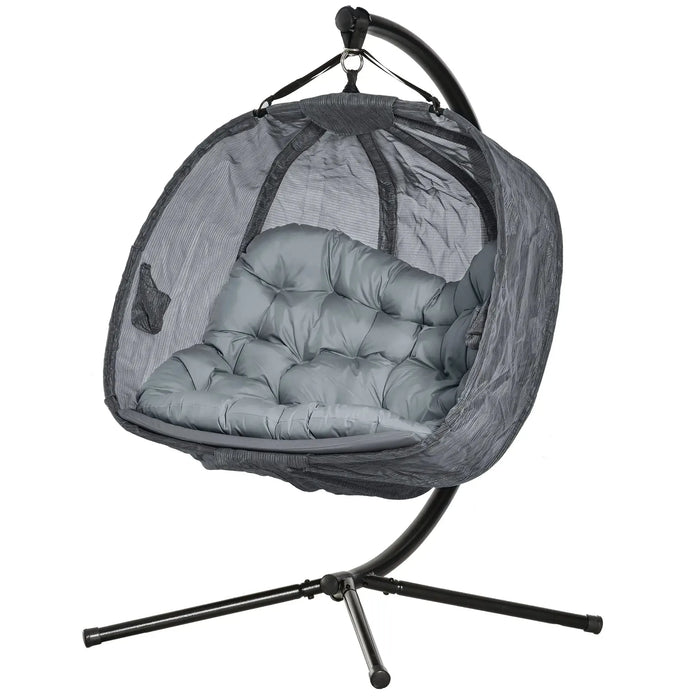 Double Hanging Egg Chair with Stand and Cushion in Grey - Little and Giant Explorers Outsunny