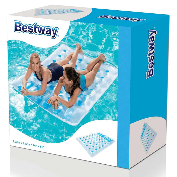 Bestway double inflatable beach bed lounger with dual air chambers, two women on raft in pool