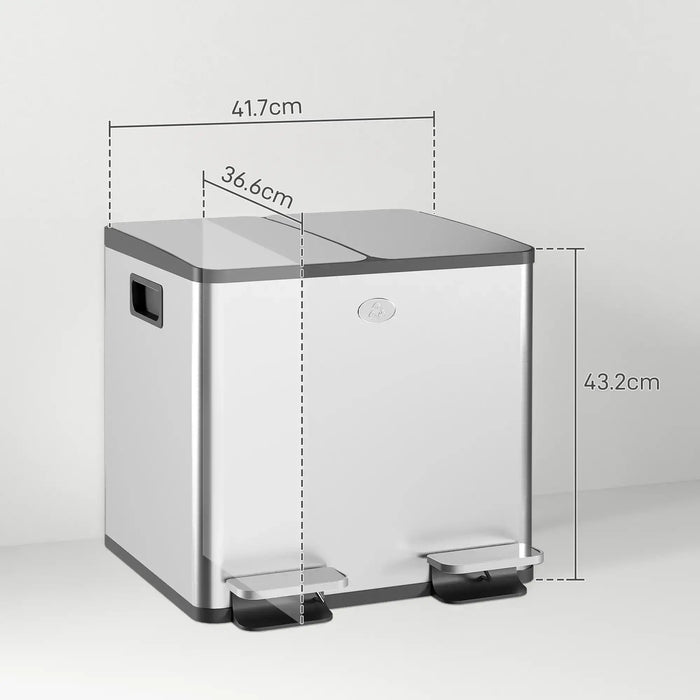 Double kitchen pedal bin in stainless steel with soft close lids, dimensions labeled