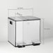 Double kitchen pedal bin in stainless steel with soft close lids, dimensions labeled