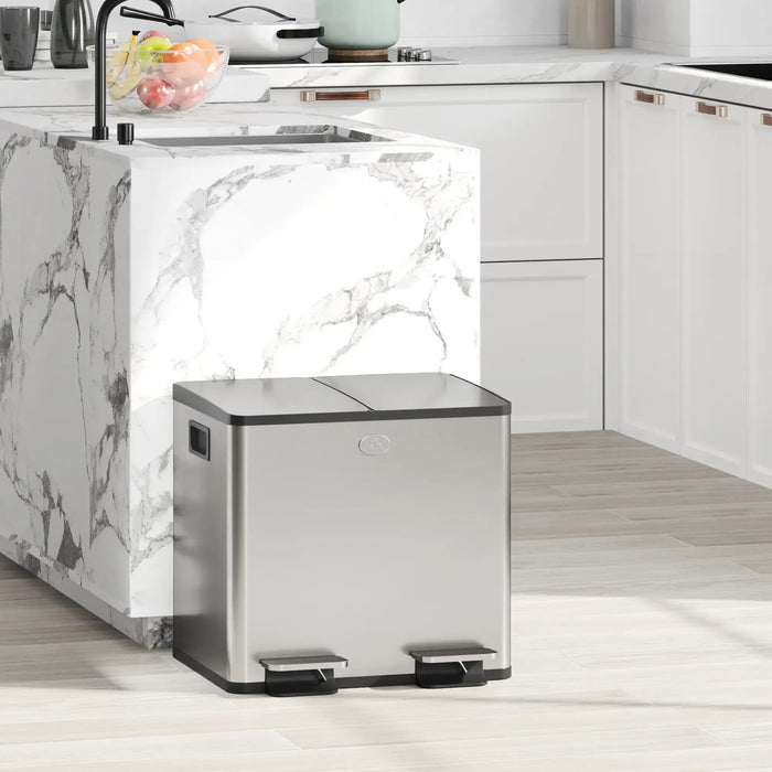 30L stainless steel double kitchen pedal bin with soft-close lids in modern white kitchen