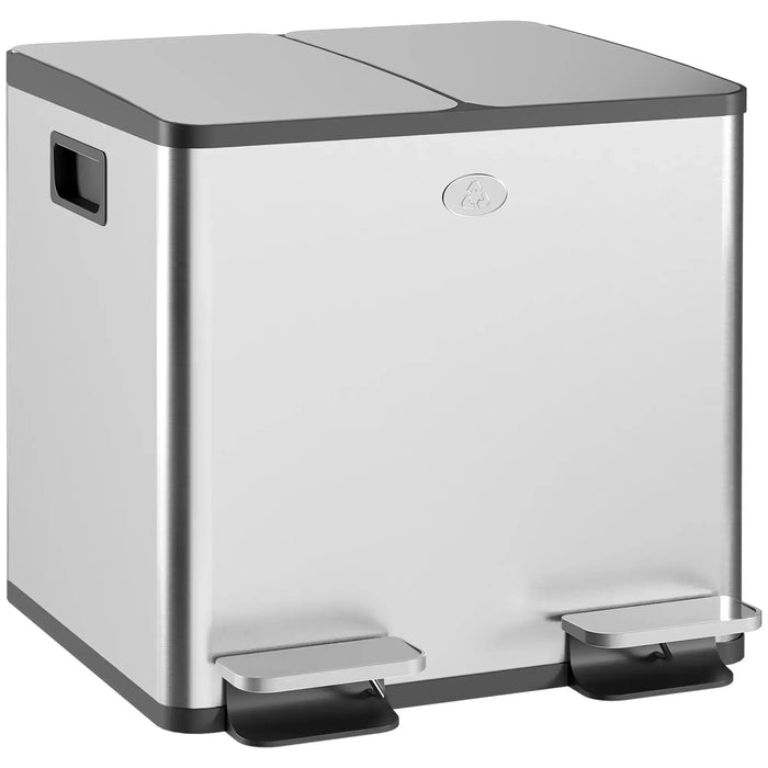 Double kitchen pedal bin 30L stainless steel with soft close lids and recycling symbol