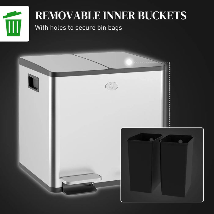 Double kitchen pedal bin with soft-close lids and removable inner buckets to secure bin bags