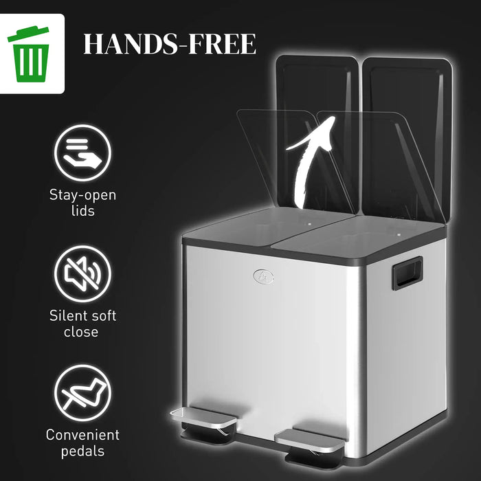 Stainless steel double kitchen pedal bin with stay-open lids and silent soft close in black background