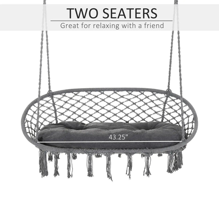 Two-Seater Boho Macrame Hammock Swing in Grey - Little and Giant Explorers Outsunny