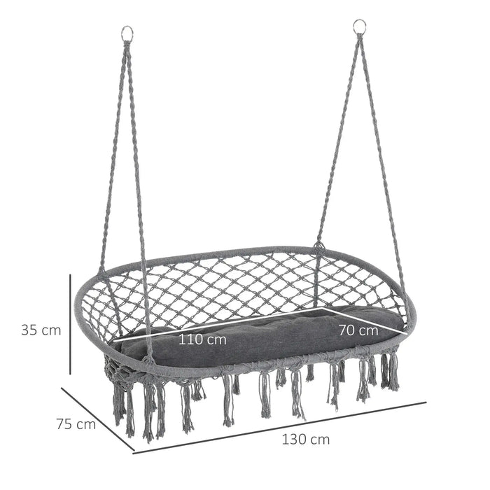 Two-Seater Boho Macrame Hammock Swing in Grey - Little and Giant Explorers Outsunny