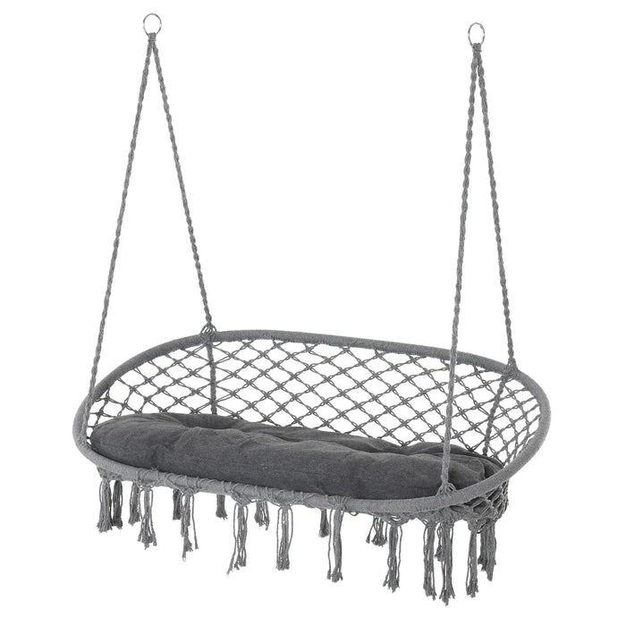 Two-Seater Boho Macrame Hammock Swing in Grey - Little and Giant Explorers Outsunny