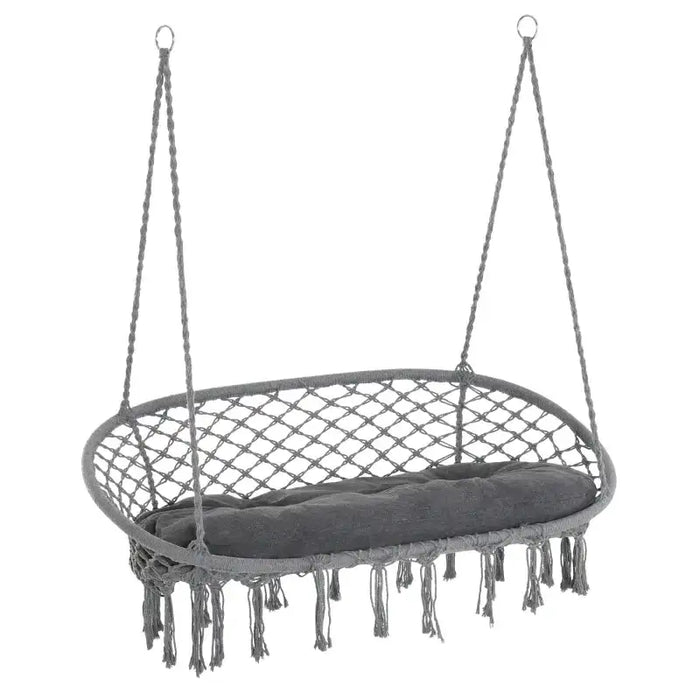Two-Seater Boho Macrame Hammock Swing in Grey - Little and Giant Explorers Outsunny