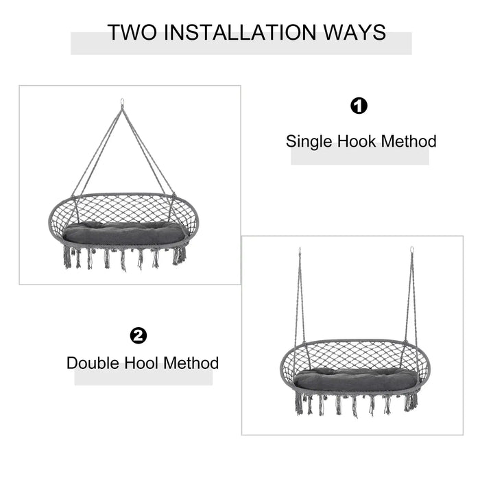 Two-Seater Boho Macrame Hammock Swing in Grey - Little and Giant Explorers Outsunny