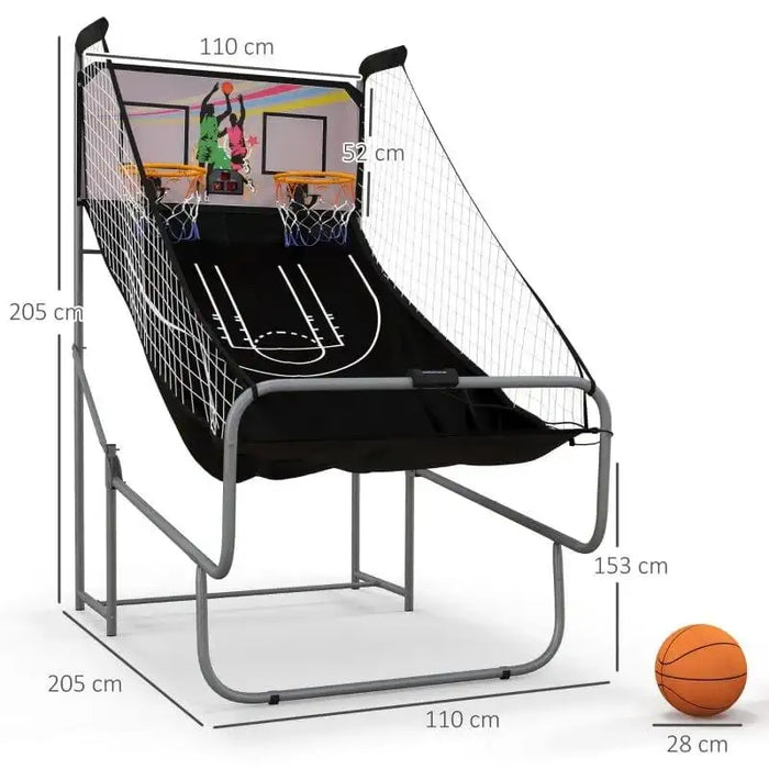 Double shot basketball arcade game with electronic scoreboard and dimensions shown