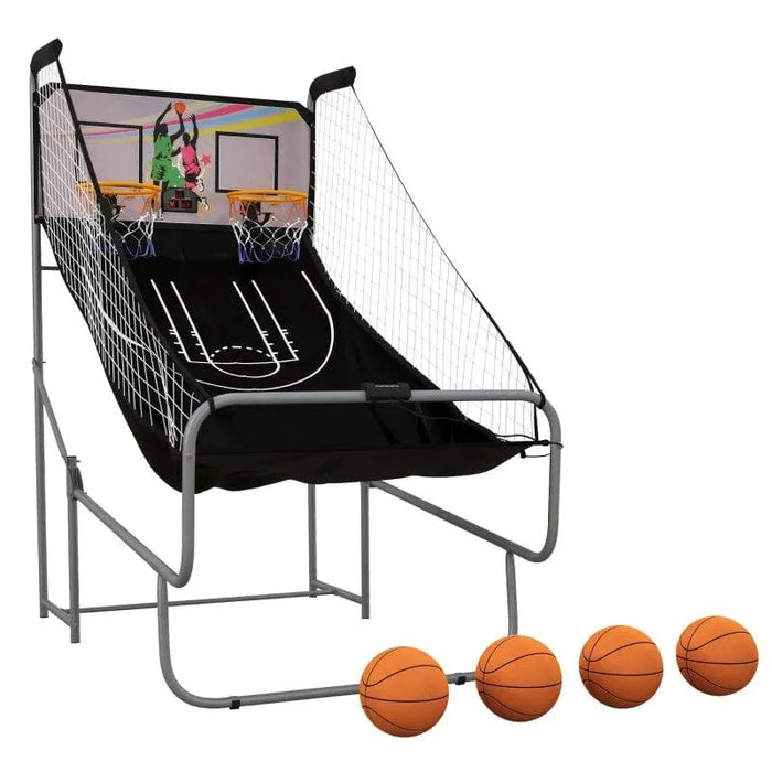 Double shot basketball arcade game with electronic scoreboard and four basketballs