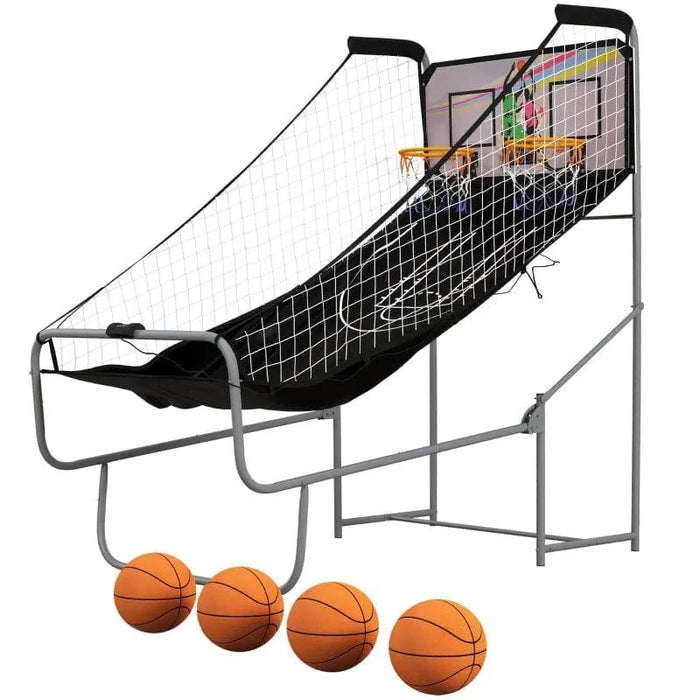 Double shot basketball arcade game with electronic scoreboard, four balls, and netted sides