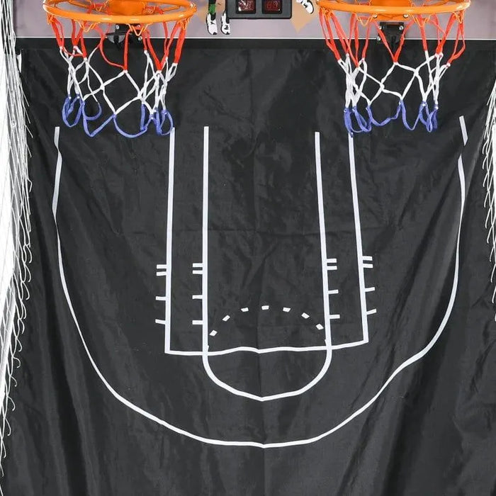 Double shot basketball arcade game with two hoops, electronic scoreboard, and black court backdrop