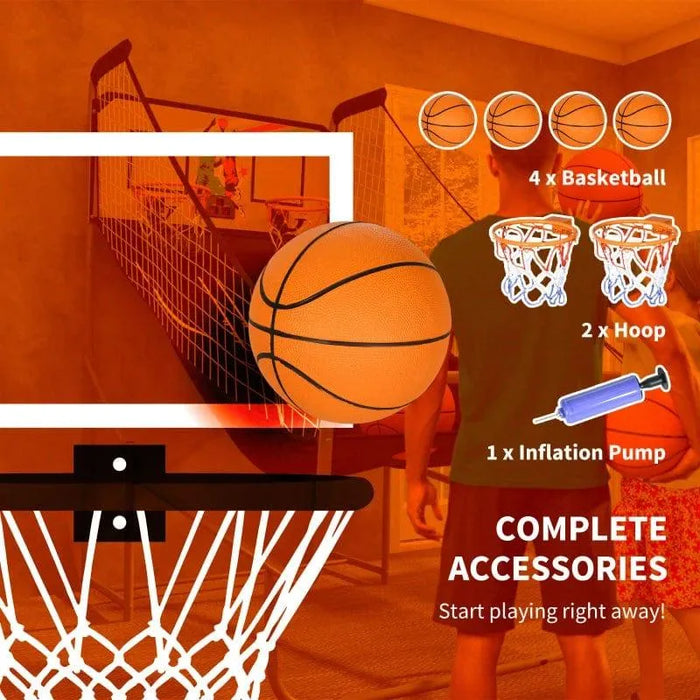 Double shot basketball arcade game with two hoops, four basketballs, and inflation pump