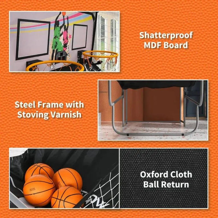 Double shot basketball arcade game with shatterproof MDF board, steel frame, and ball return.