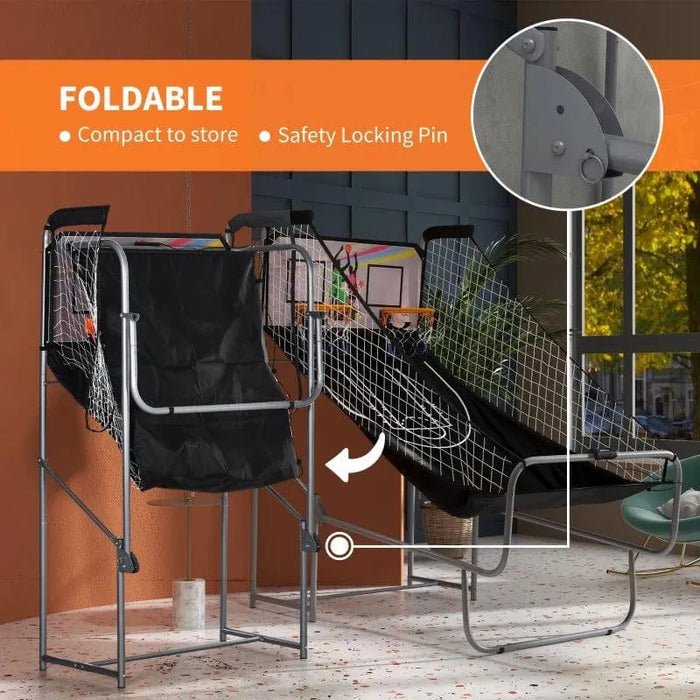 Foldable double shot basketball arcade game with net, metal frame, and safety locking pin